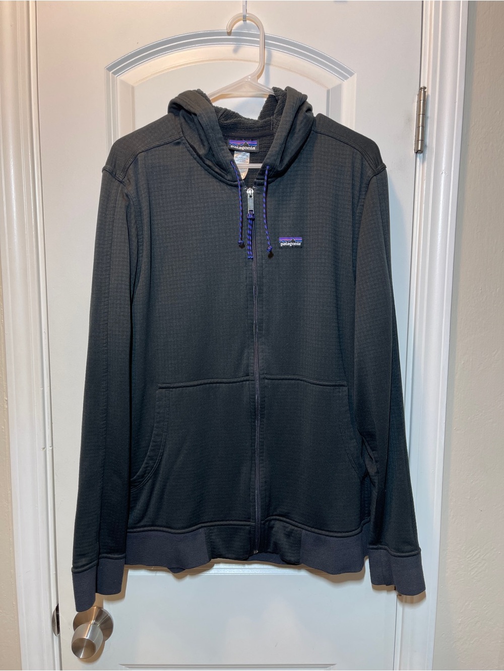 Patagonia Men’s Black Full-Zip Hoodie with Purple Trim